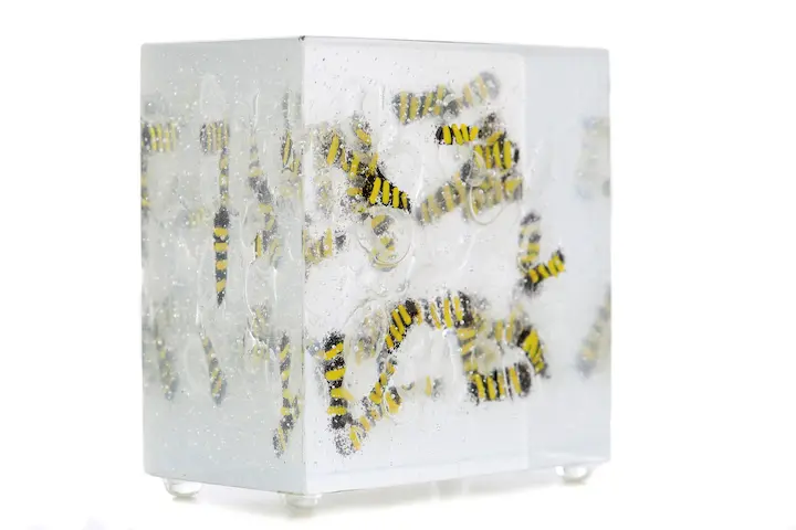 A clear, rectangular glass block sculpture with a fused swarm of yellow and black striped bees inside, viewed from an angle.